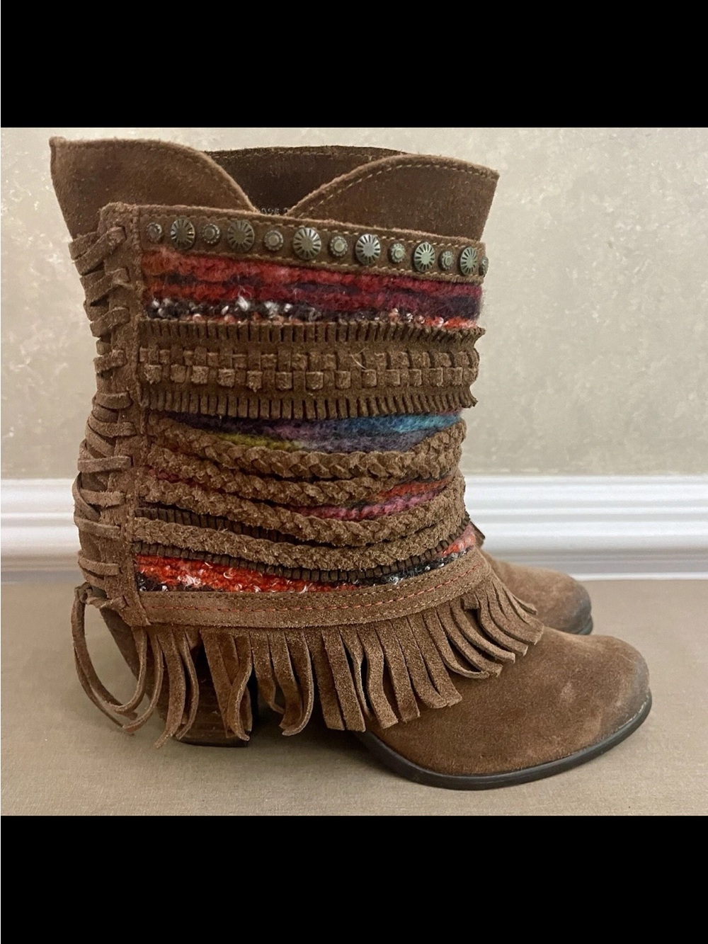 Boho Fringe Suede Mid-Calf Boots in Brown